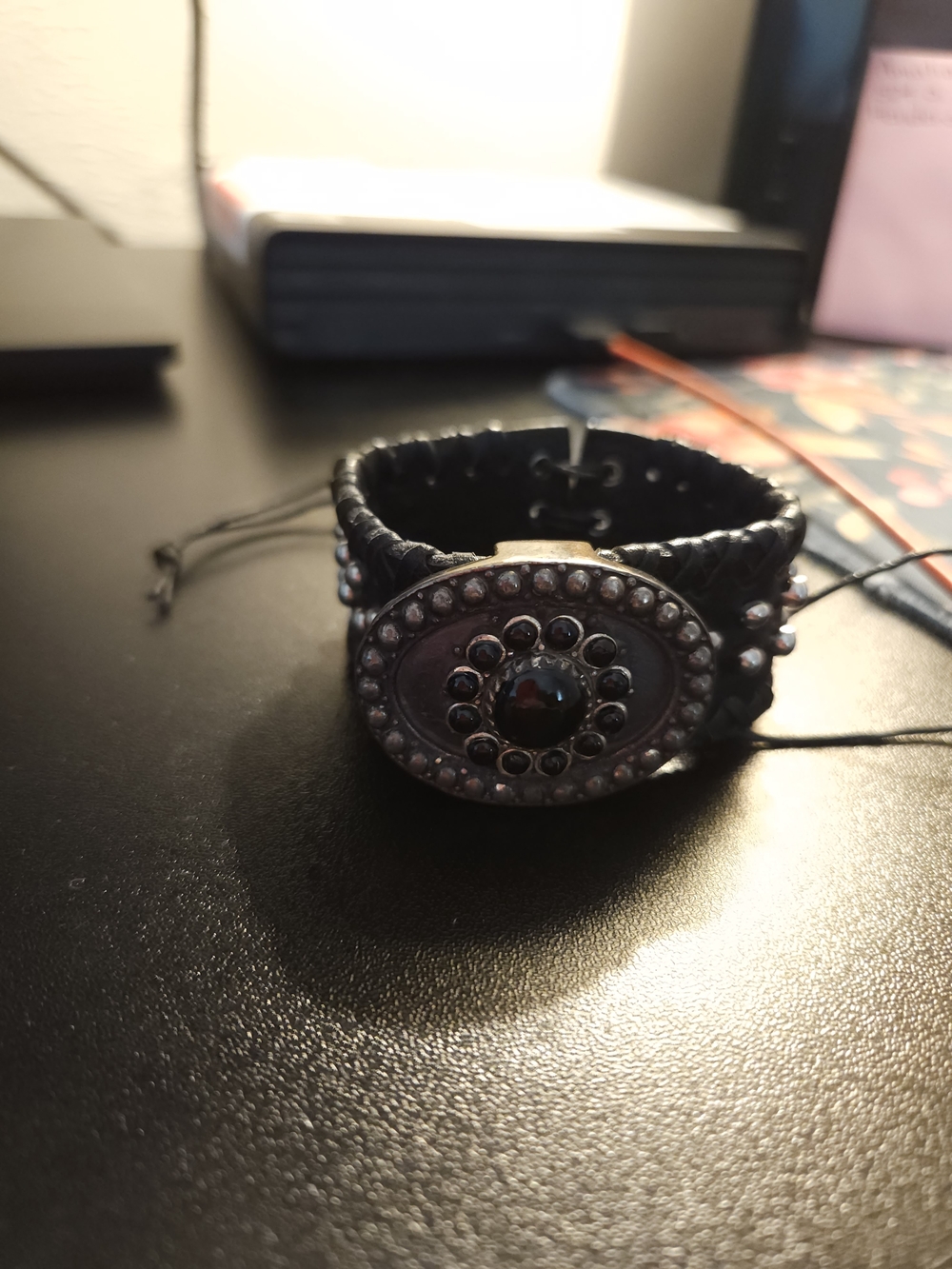 Handwoven Black Leather Bracelet with Antique Silver Medallion